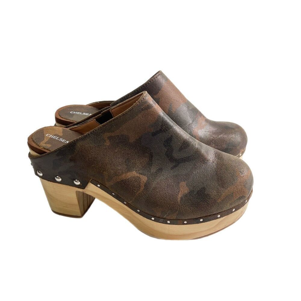 Chelsea & Violet Jana Green Army Camo Wooden Clog Shoe Leather Upper Women 7.5